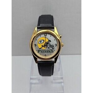 Green Bay Packers Sun Time Quartz Analog Watch Gold Tone Football New Battery